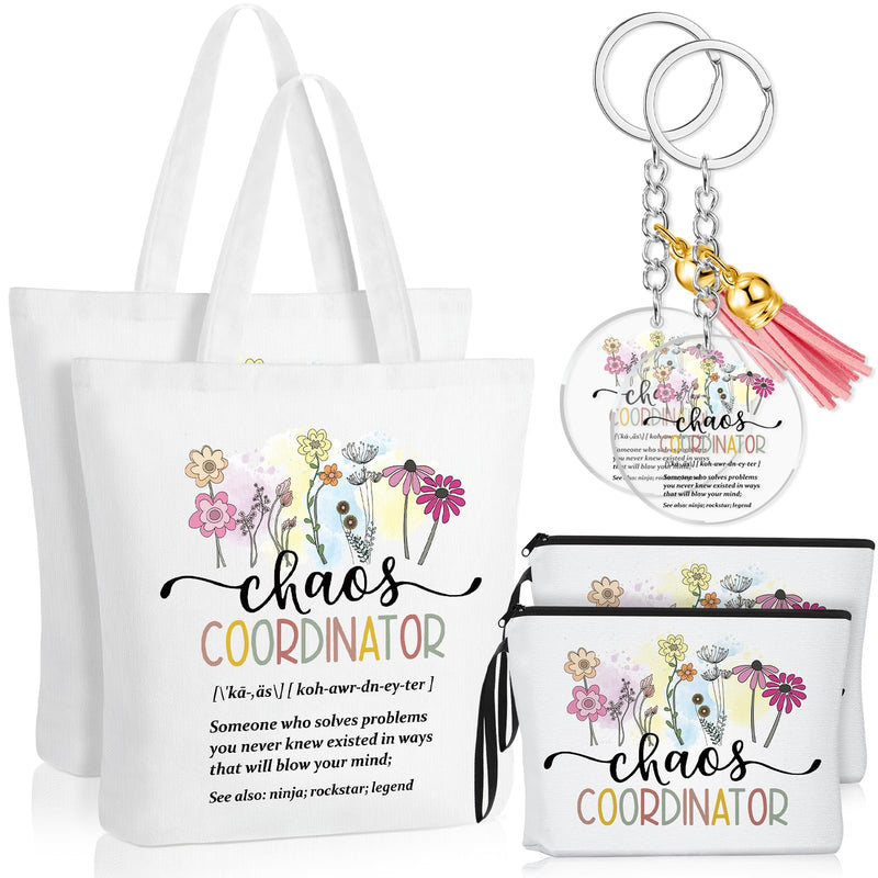 Bulyoou 6 Pcs Chaos Coordinator Gifts for Women Appreciation Makeup Bag Chaos Coordinator Tote Bag Cosmetic Bags Canvas Tote Bag Acrylic Key Chains with Zipper Tassel for Coworker