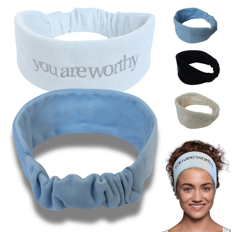 REMINDER Self-Care Spa Headband for Women - Mirror-Readable Affirmations: You Are Worthy - Confidence-Boosting Hairband for Face Washing Skincare Masks and Beauty Routines - Baby Blue